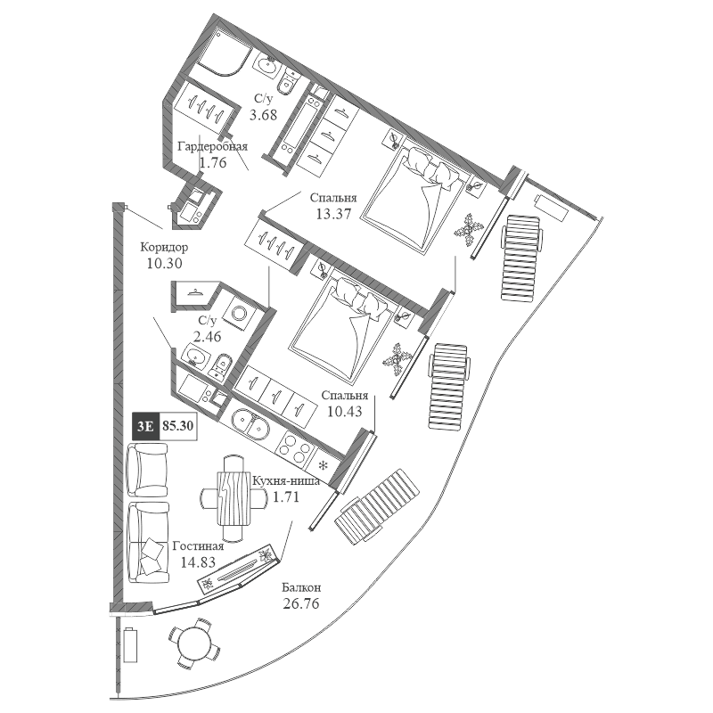 3-к, 85.3 м² · Крымская Резиденция