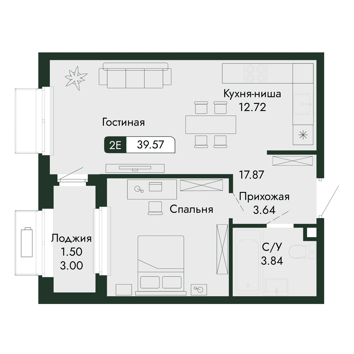 2-к, 39.57 м² · Парковая Резиденция