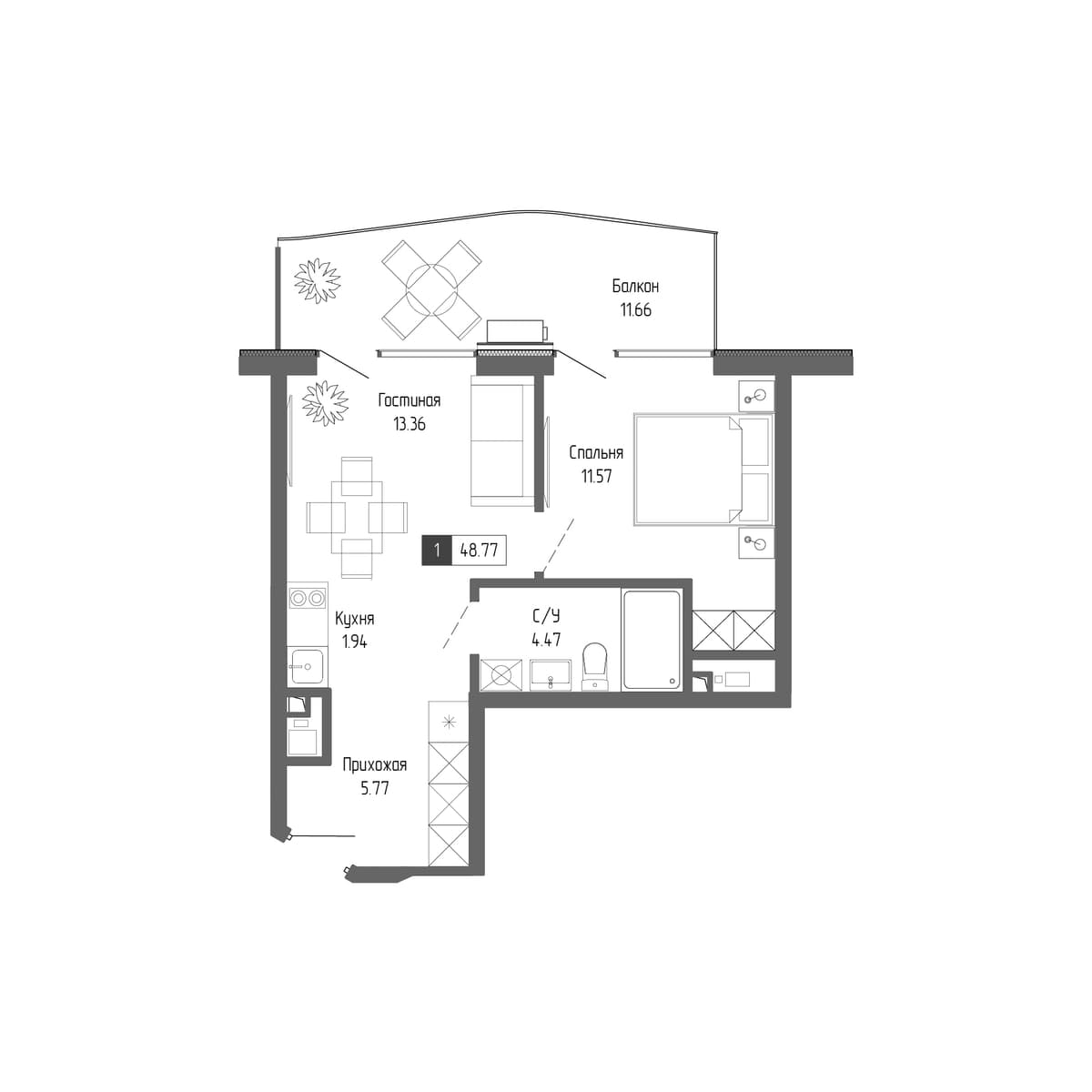 2-к, 48.77 м² · Крымская Резиденция