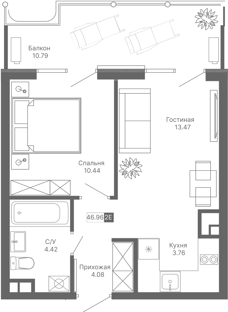 2-к, 46.96 м² · Крымская Резиденция