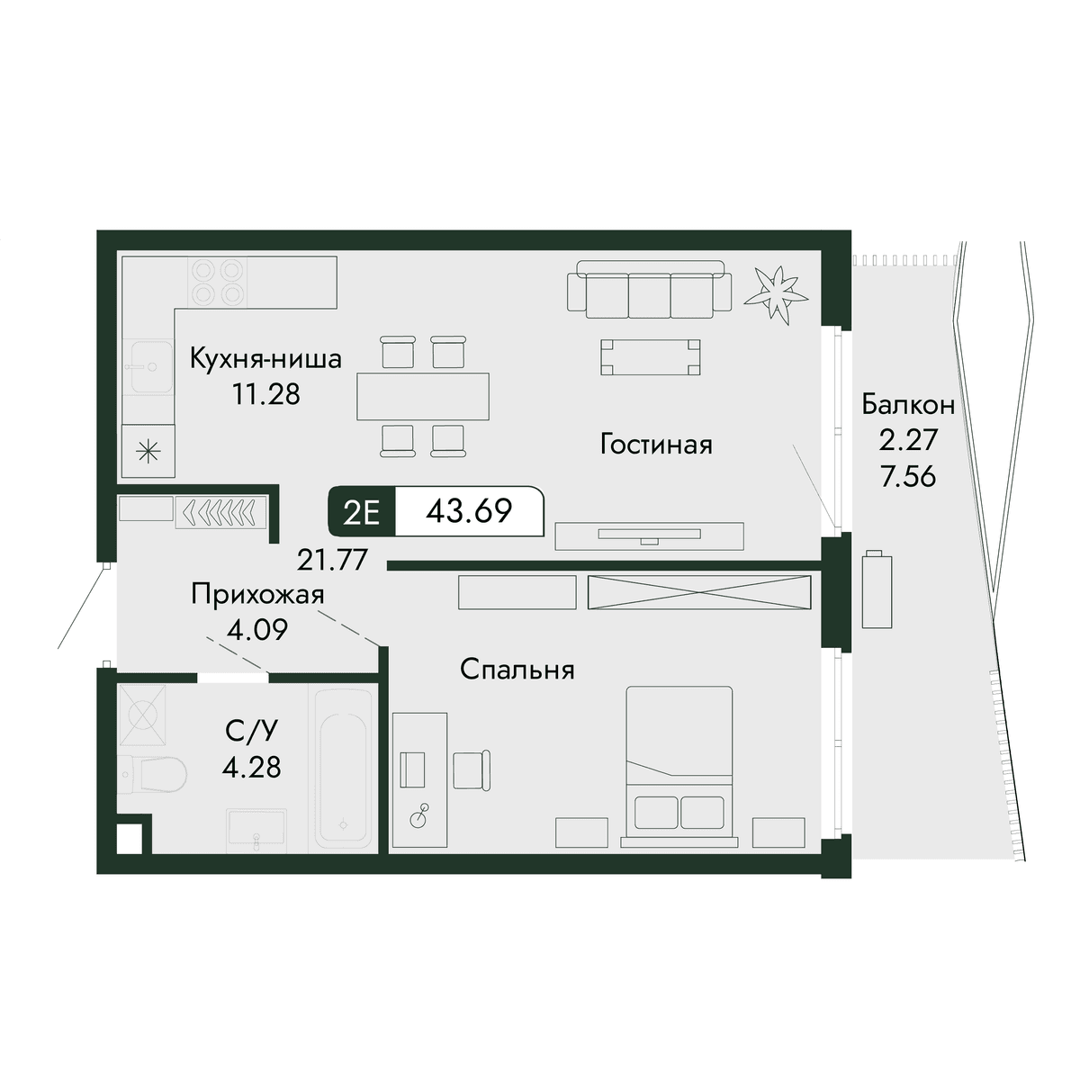 2-к, 43.69 м² · Парковая Резиденция