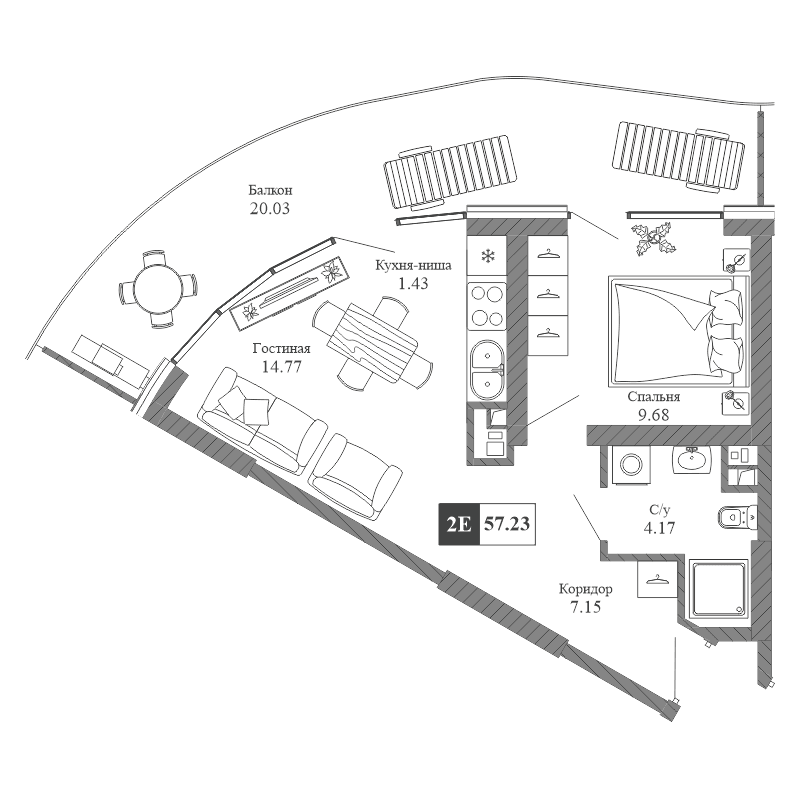 2-к, 57.23 м² · Крымская Резиденция
