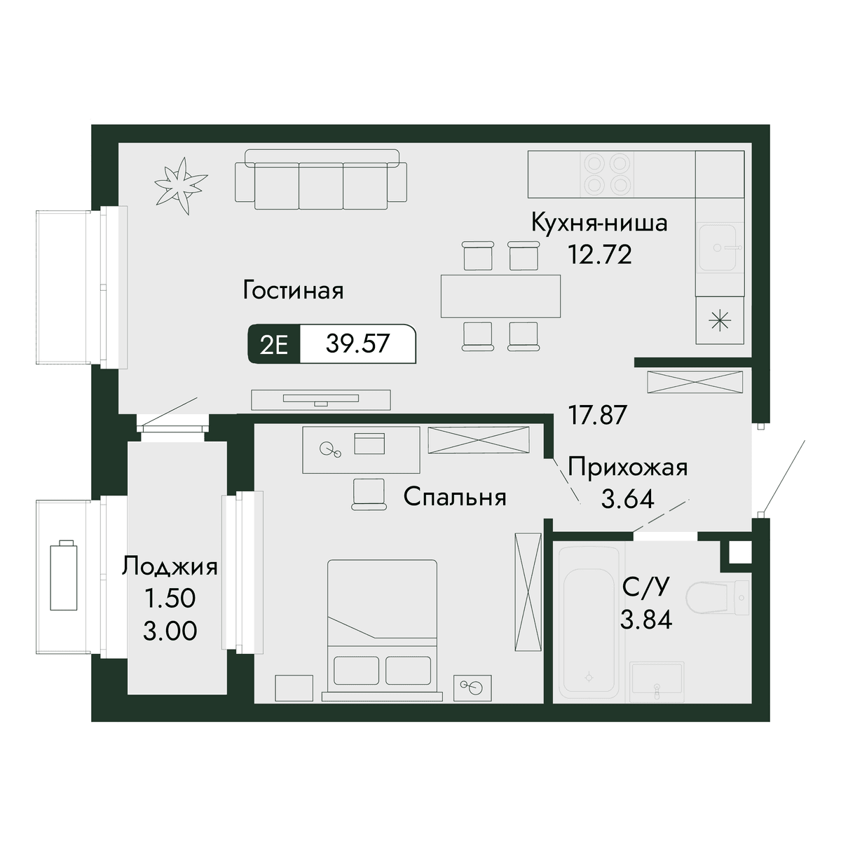 2-к, 39.57 м² · Парковая Резиденция