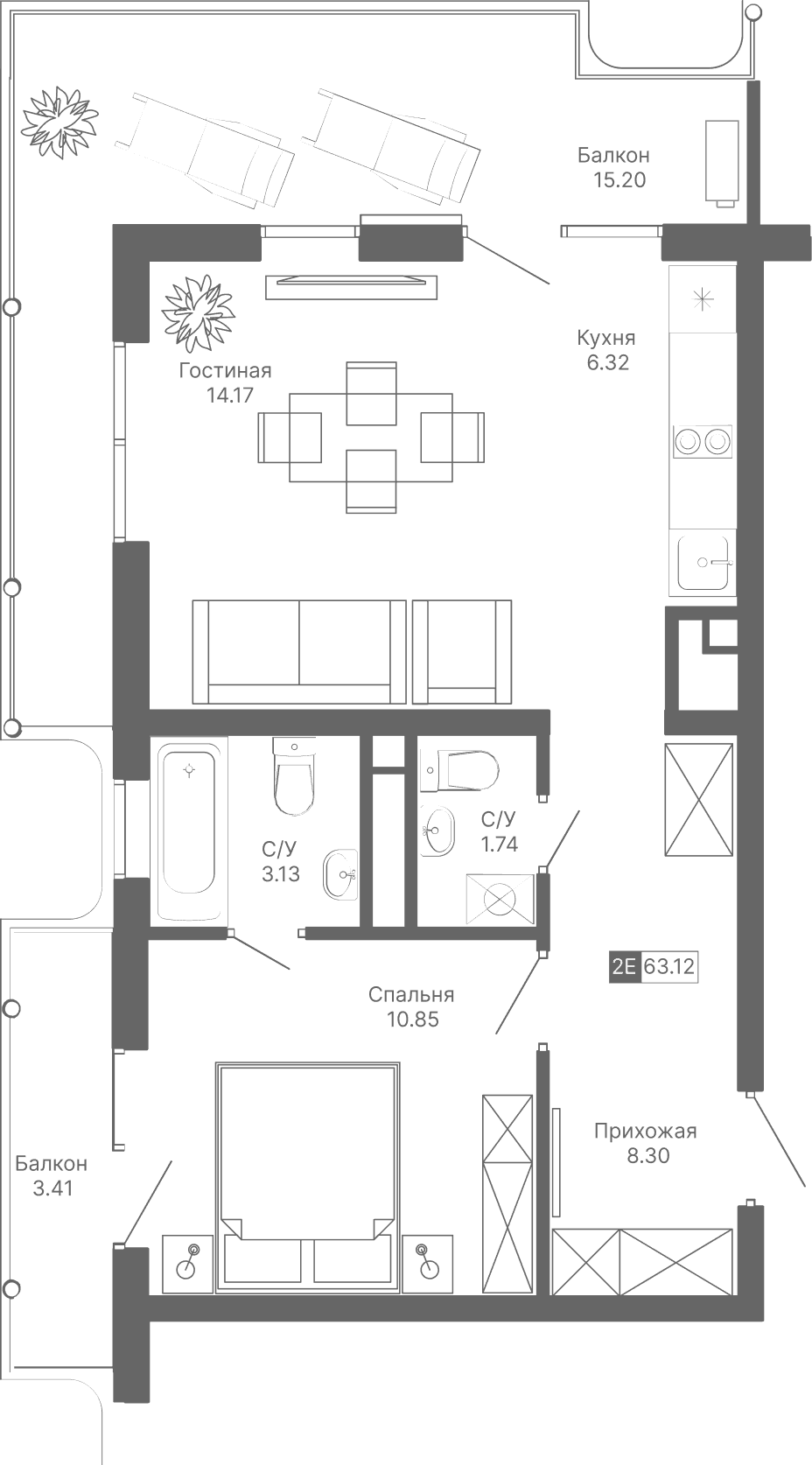 2-к, 63.12 м² · Крымская Резиденция
