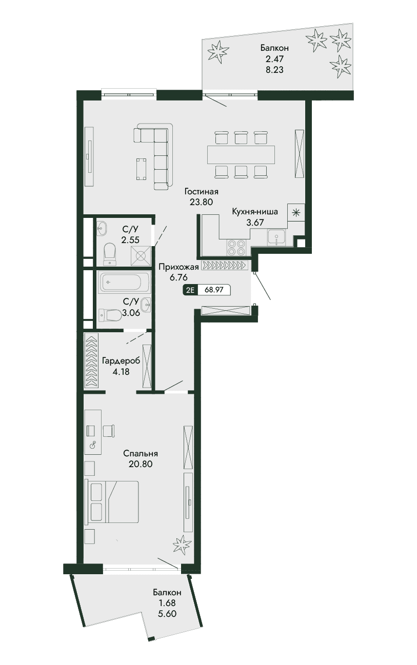 2-к, 68.97 м² · Парковая Резиденция
