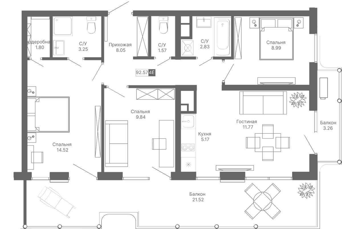 4-к, 92.57 м² · Крымская Резиденция