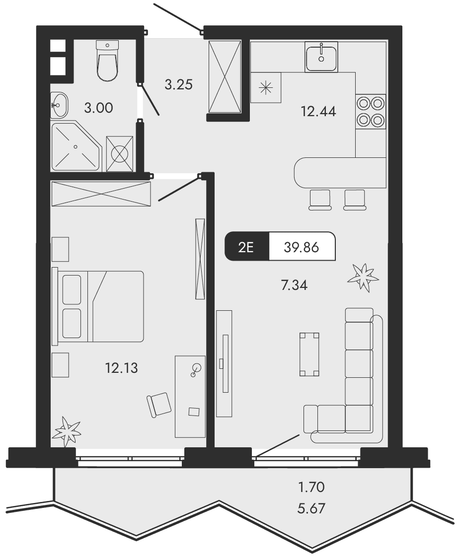 2-к, 39.86 м² · Парковая Резиденция