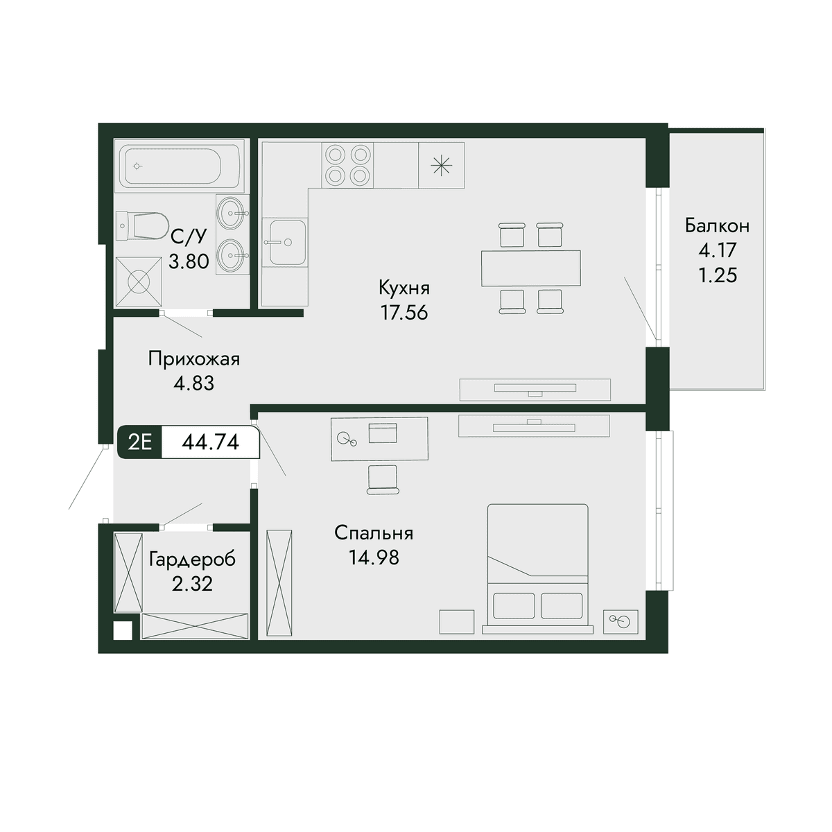 2-к, 44.74 м² · Парковая Резиденция