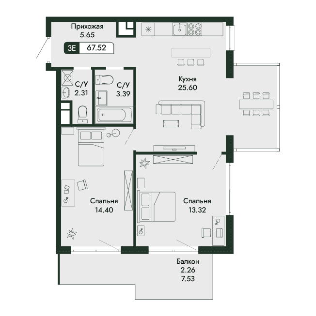 3-к, 67.52 м² · Парковая Резиденция