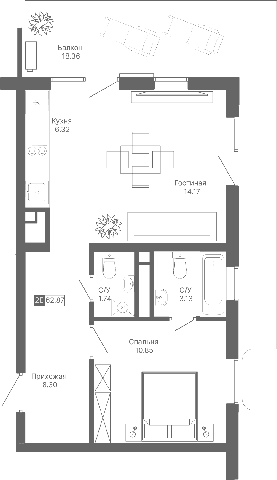 2-к, 62.87 м² · Крымская Резиденция