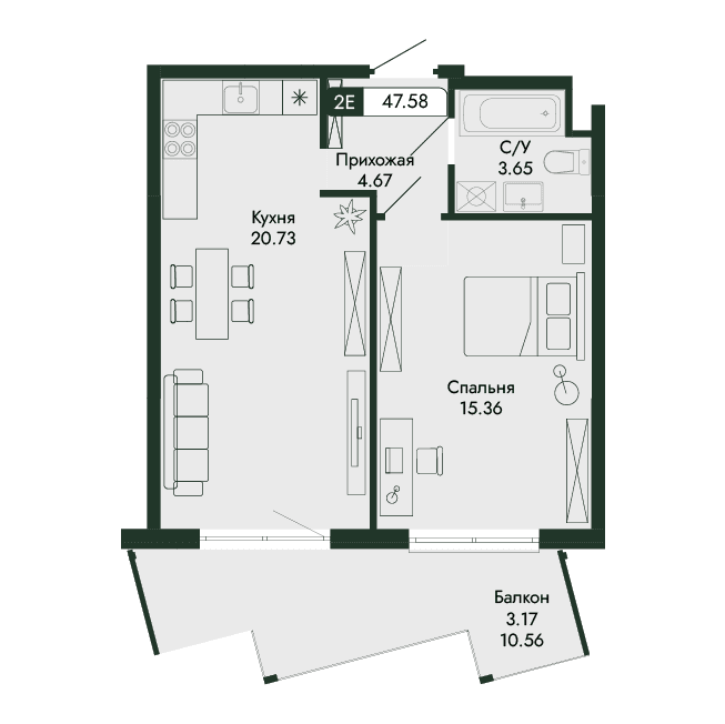 2-к, 47.58 м² · Парковая Резиденция