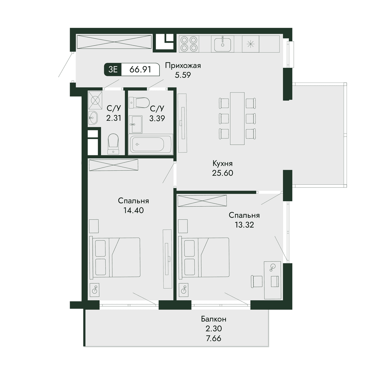 3-к, 66.91 м² · Парковая Резиденция