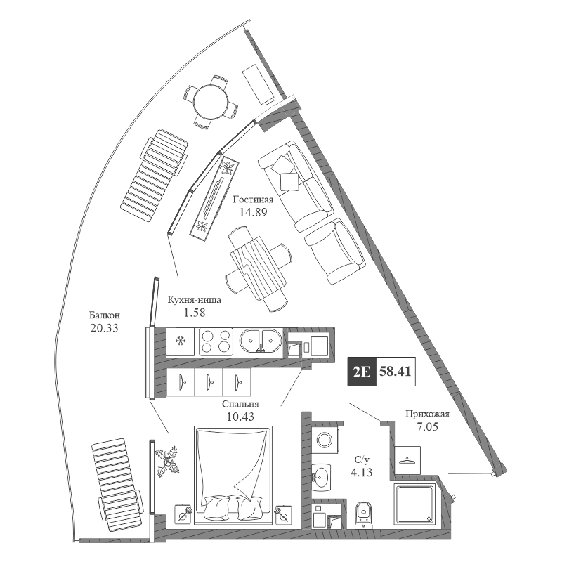 2-к, 58.41 м² · Крымская Резиденция