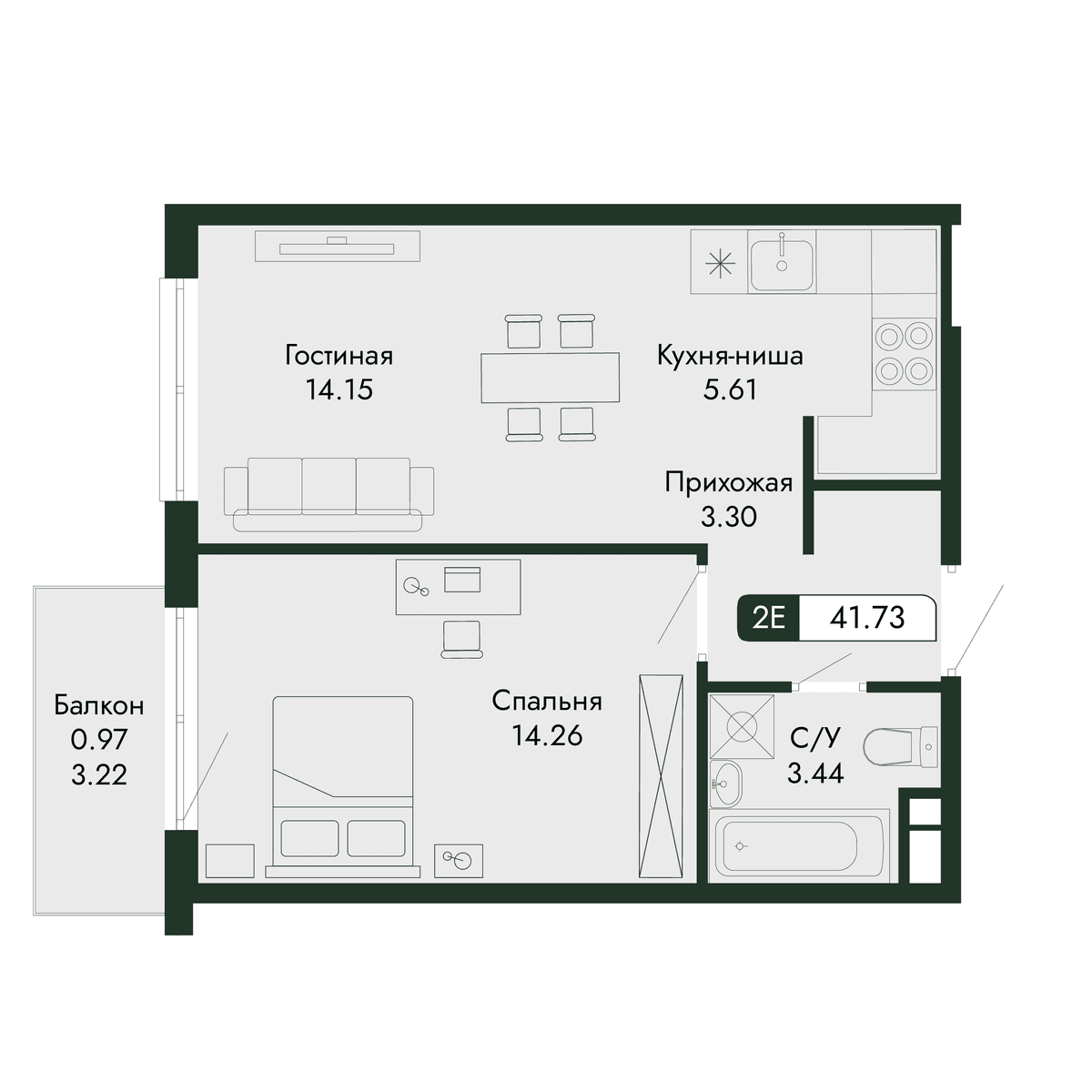 2-к, 41.73 м² · Парковая Резиденция