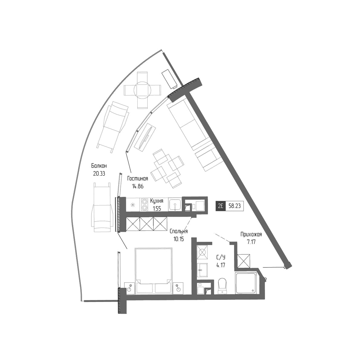 2-к, 58.23 м² · Крымская Резиденция