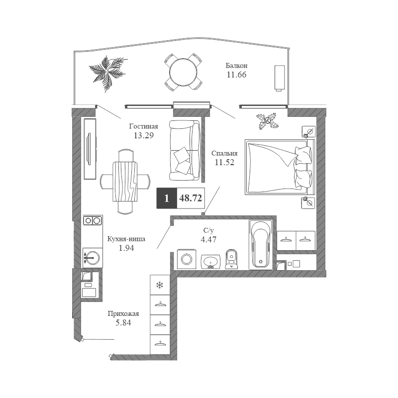 2-к, 48.72 м² · Крымская Резиденция