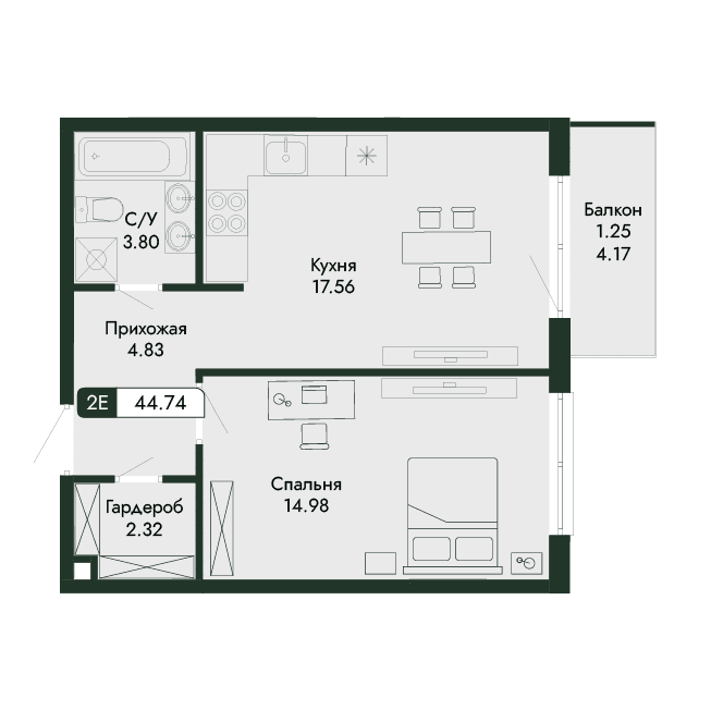 2-к, 44.74 м² · Парковая Резиденция