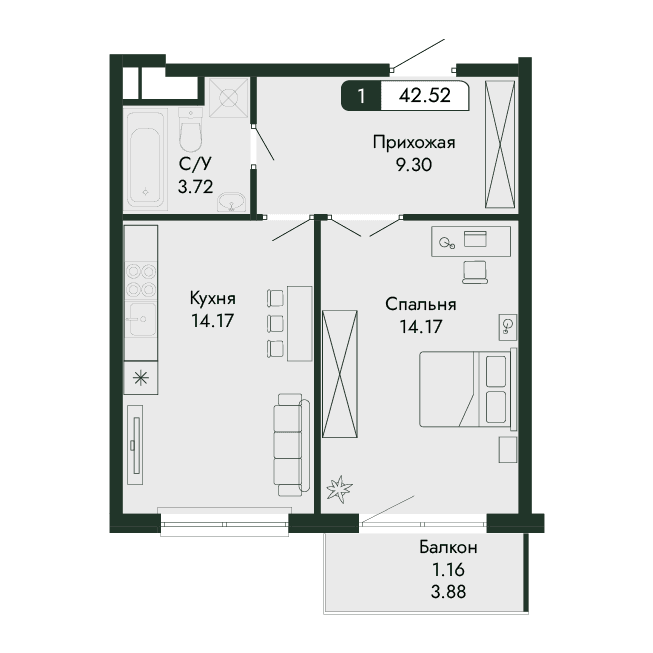 2-к, 42.52 м² · Парковая Резиденция