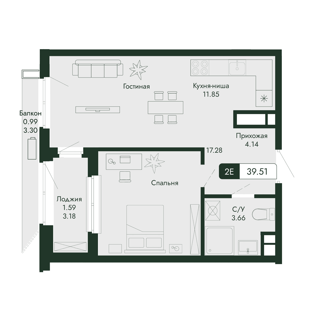 2-к, 39.51 м² · Парковая Резиденция