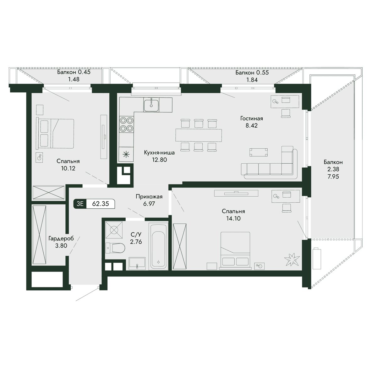 3-к, 62.35 м² · Парковая Резиденция
