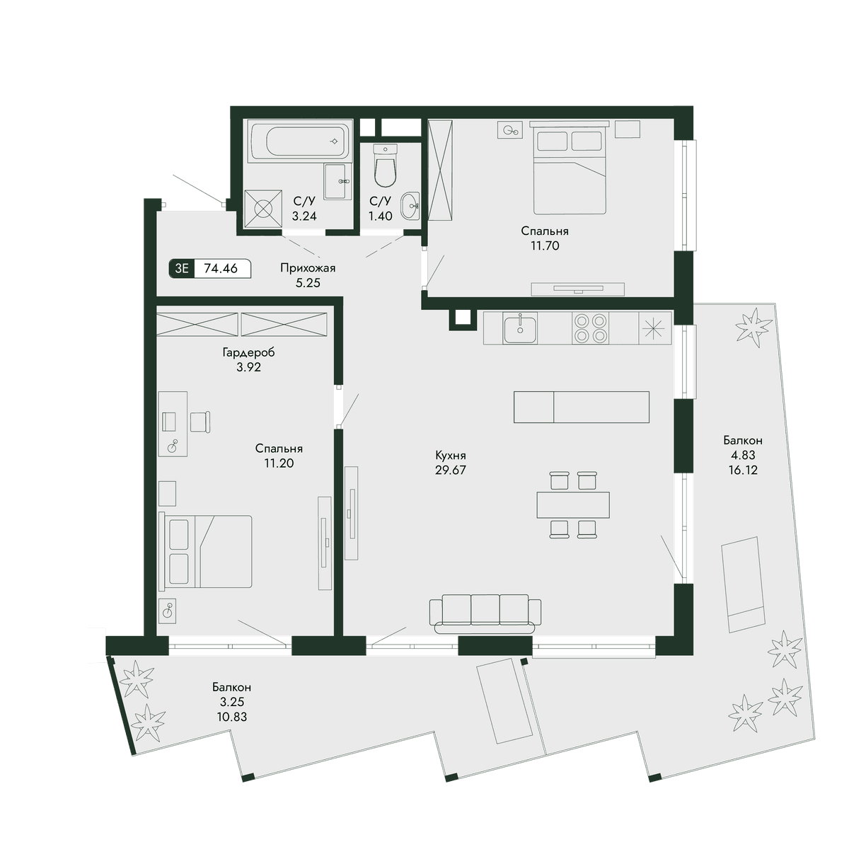 3-к, 74.46 м² · Парковая Резиденция