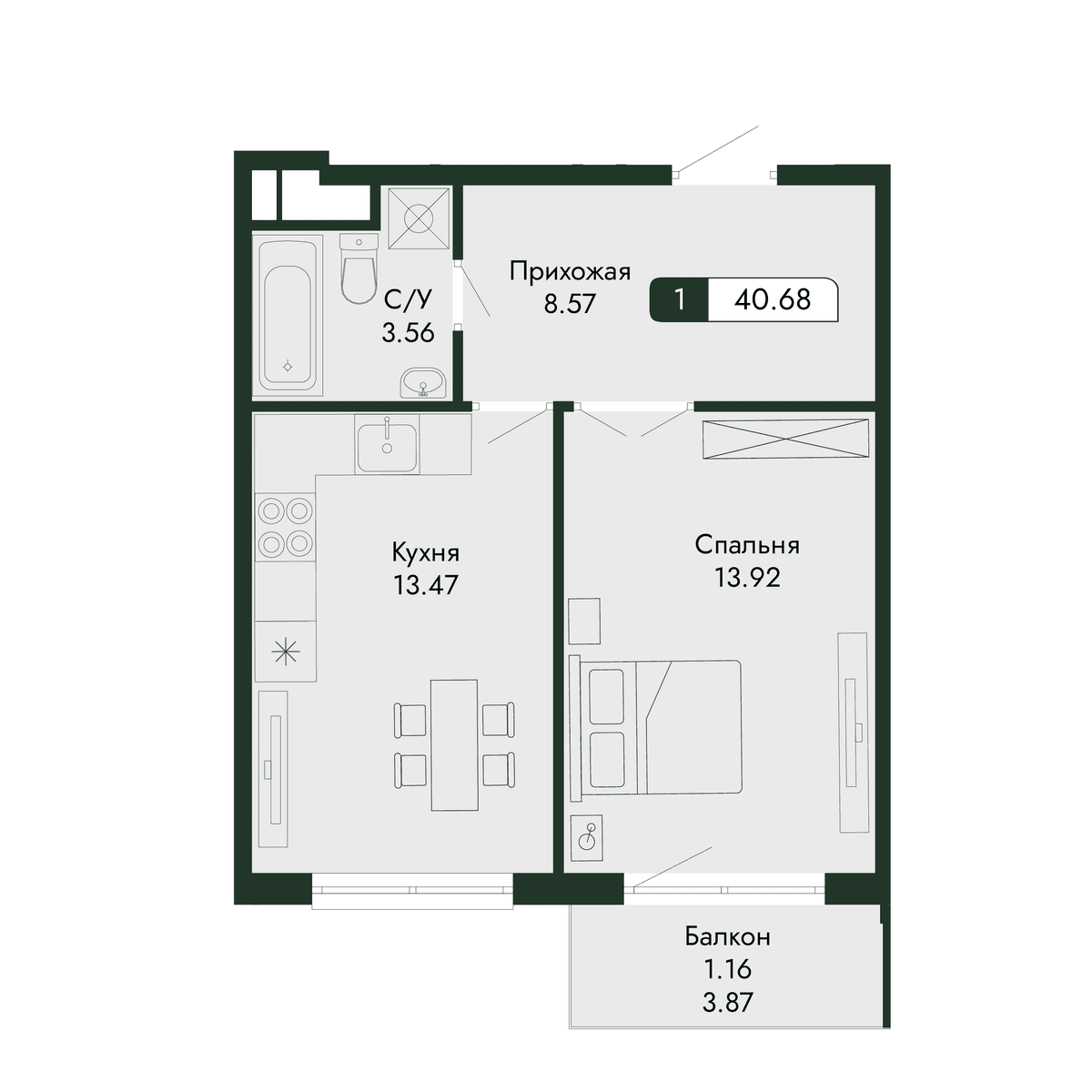 2-к, 40.68 м² · Парковая Резиденция