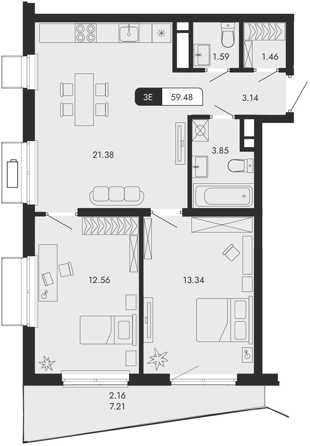 3-к, 59.48 м² · Парковая Резиденция