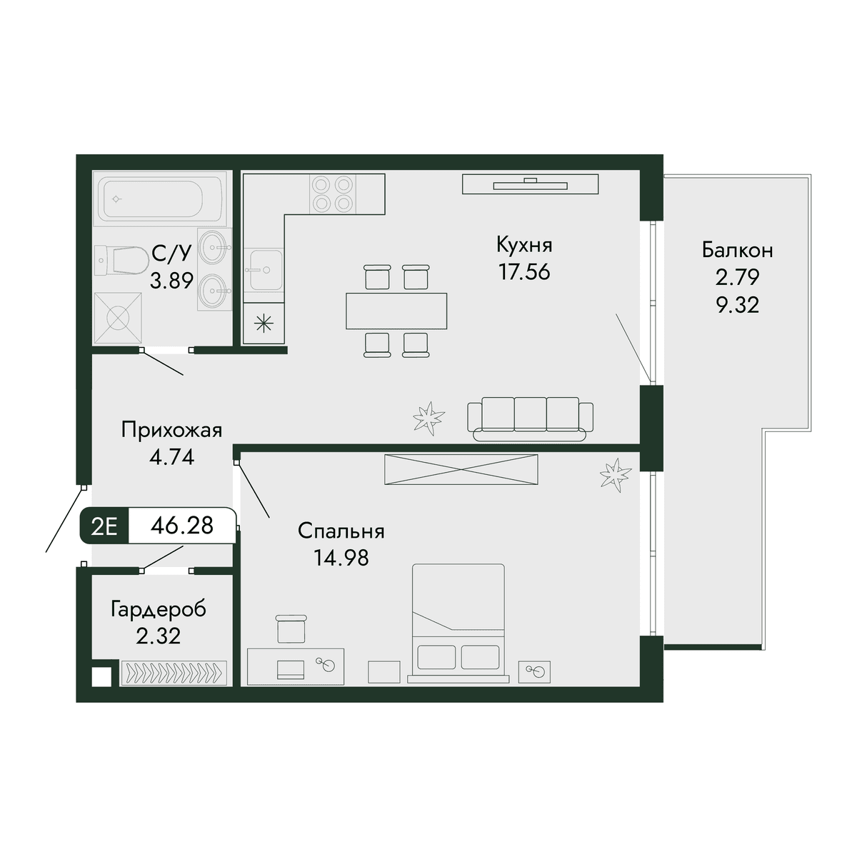 2-к, 46.28 м² · Парковая Резиденция
