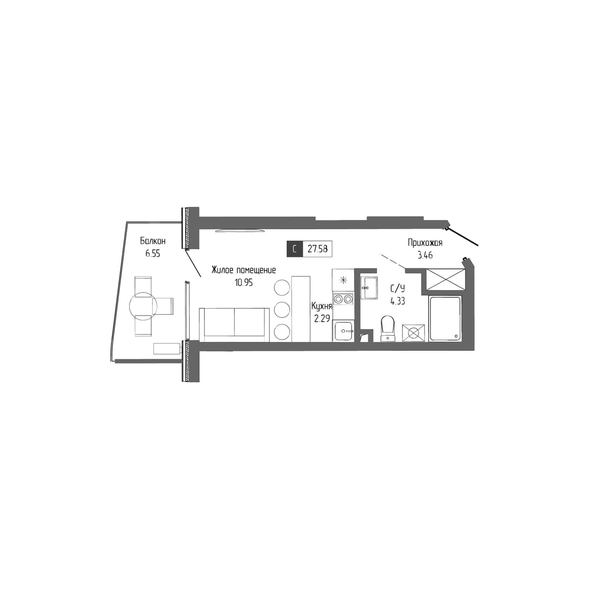 1-к, 27.58 м² · Крымская Резиденция