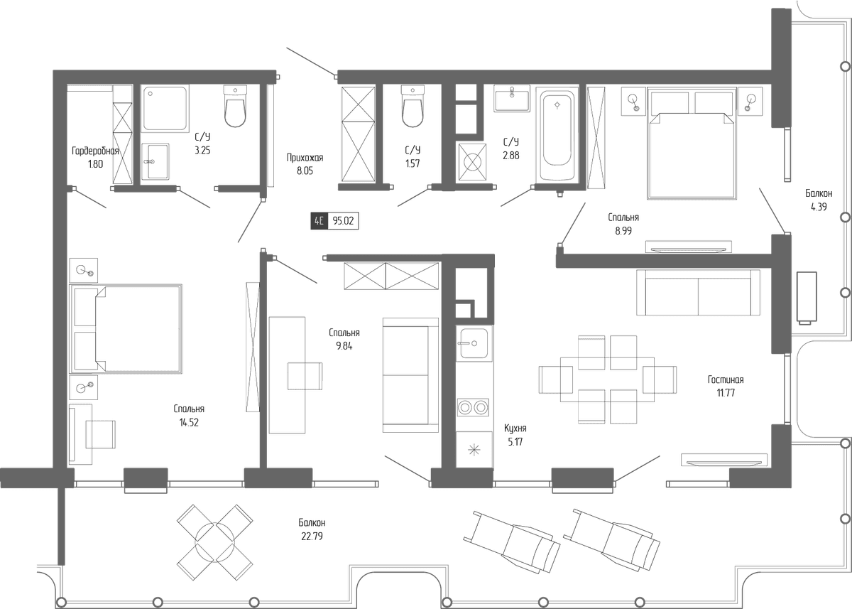 4-к, 95.02 м² · Крымская Резиденция