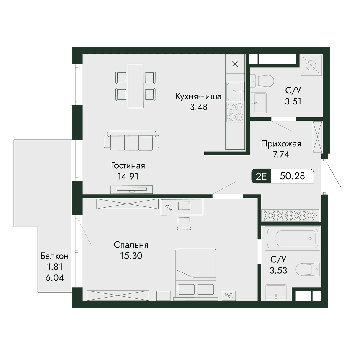 2-к, 50.28 м² · Парковая Резиденция