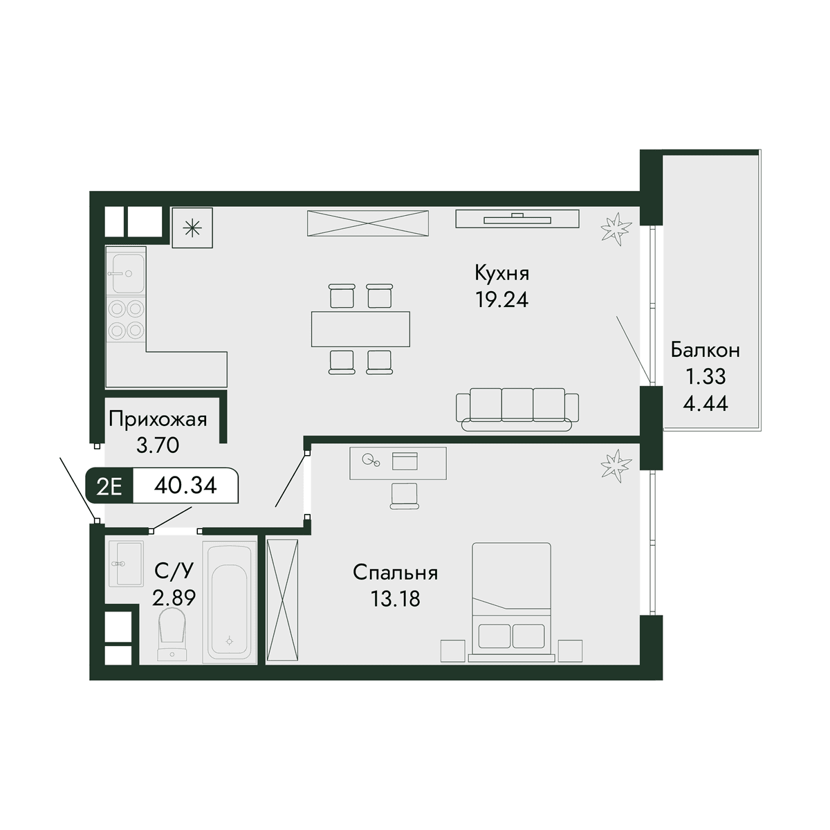 2-к, 40.34 м² · Парковая Резиденция