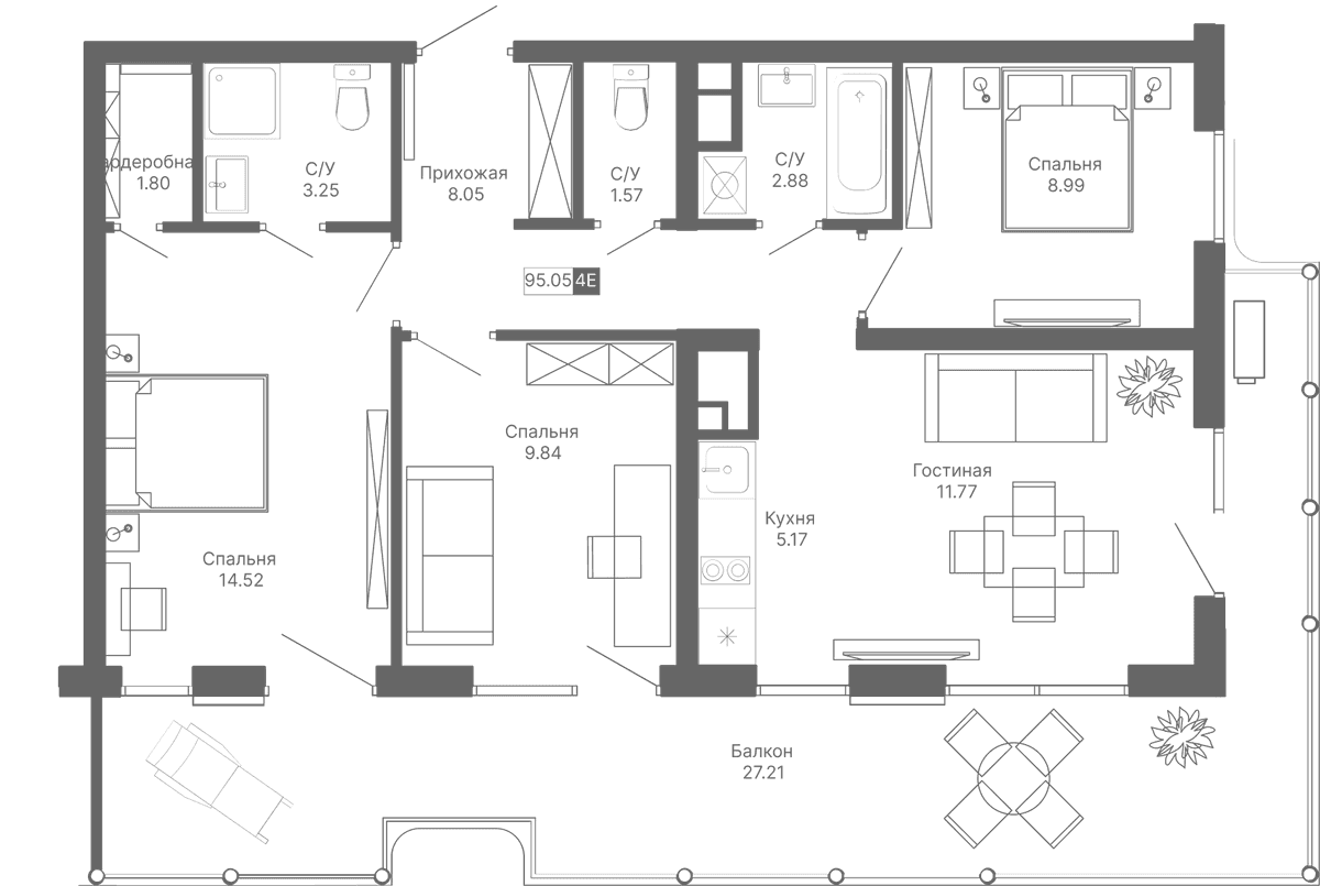 4-к, 95.05 м² · Крымская Резиденция