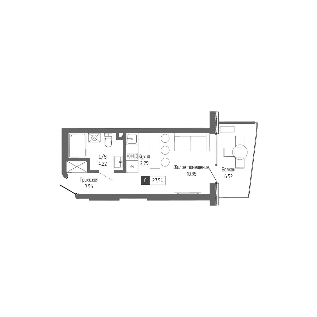 1-к, 27.54 м² · Крымская Резиденция