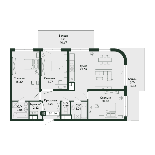4-к, 84.56 м² · Парковая Резиденция