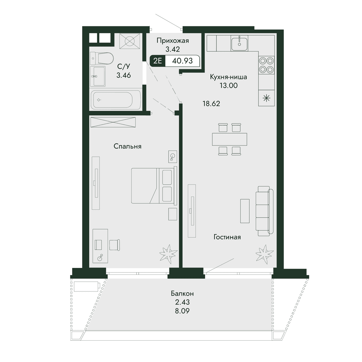 2-к, 40.93 м² · Парковая Резиденция