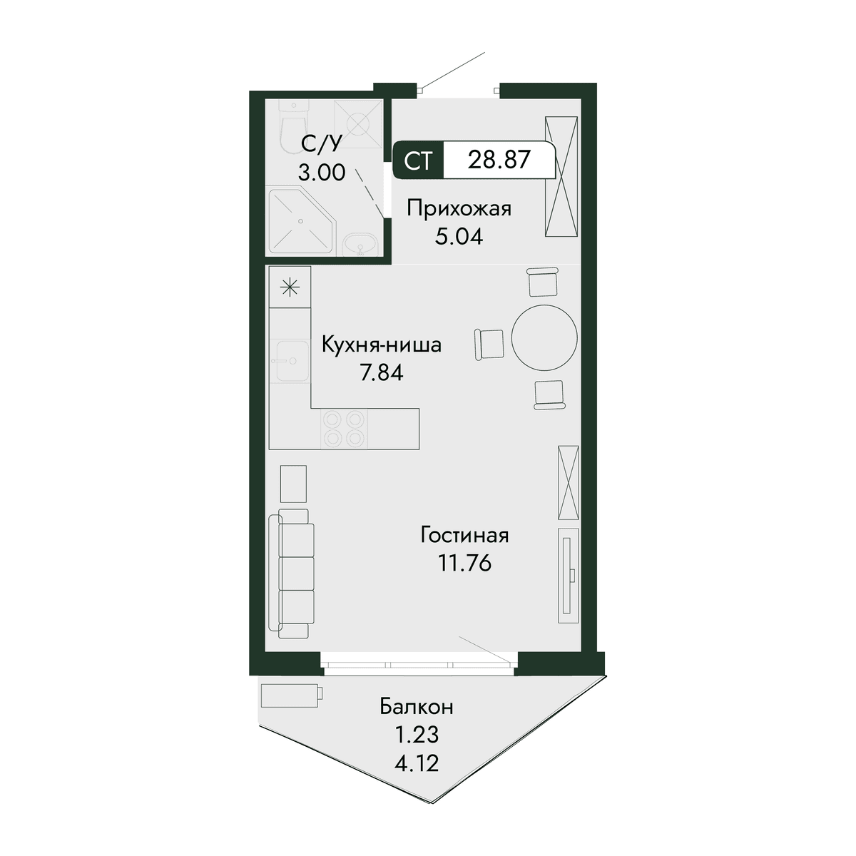 1-к, 28.87 м² · Парковая Резиденция