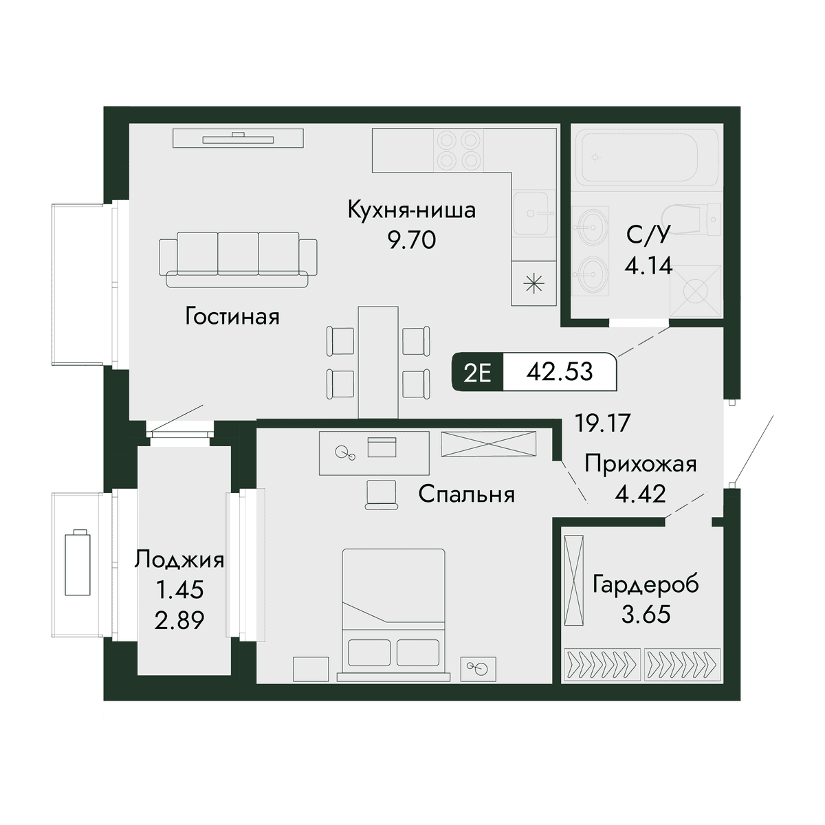 2-к, 42.53 м² · Парковая Резиденция