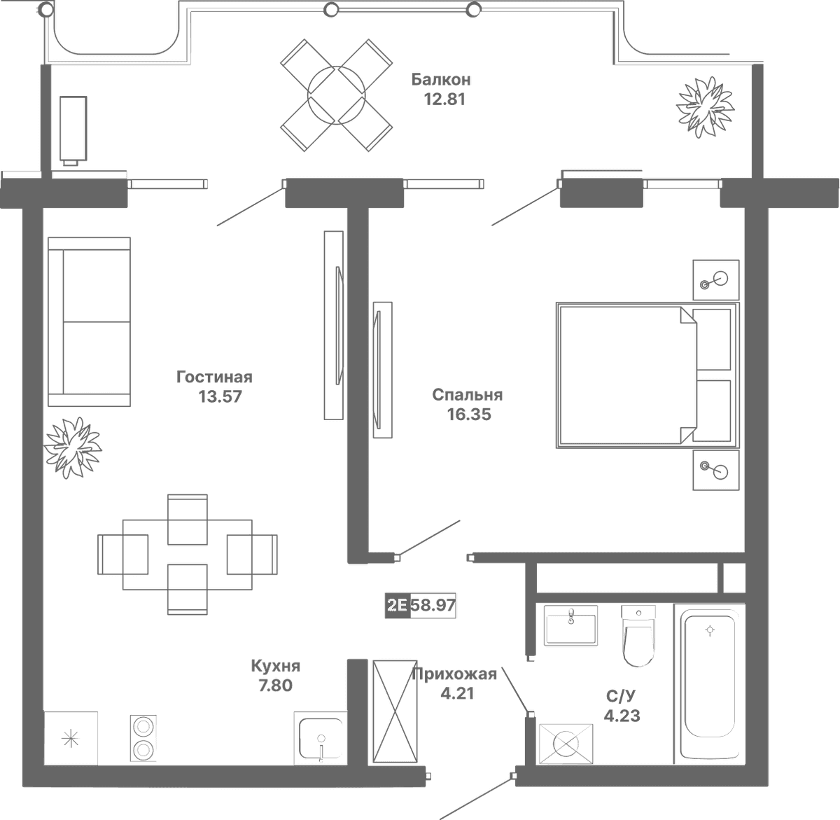 2-к, 58.97 м² · Крымская Резиденция