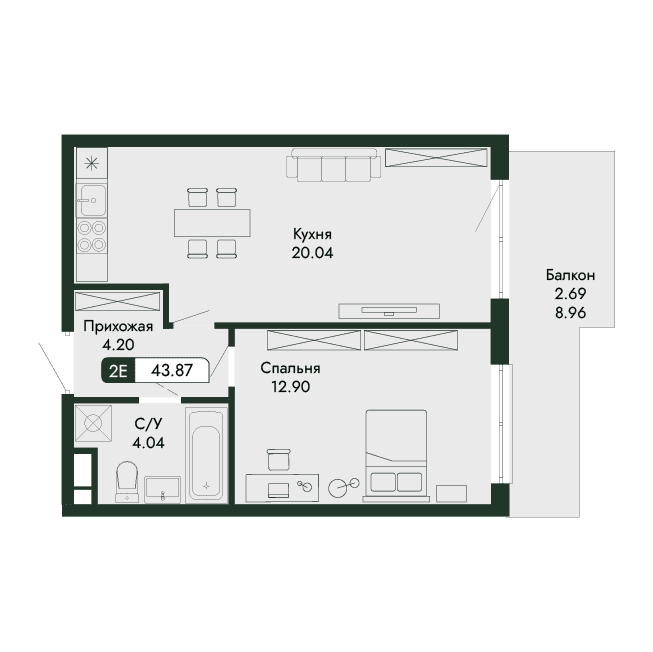 2-к, 43.87 м² · Парковая Резиденция