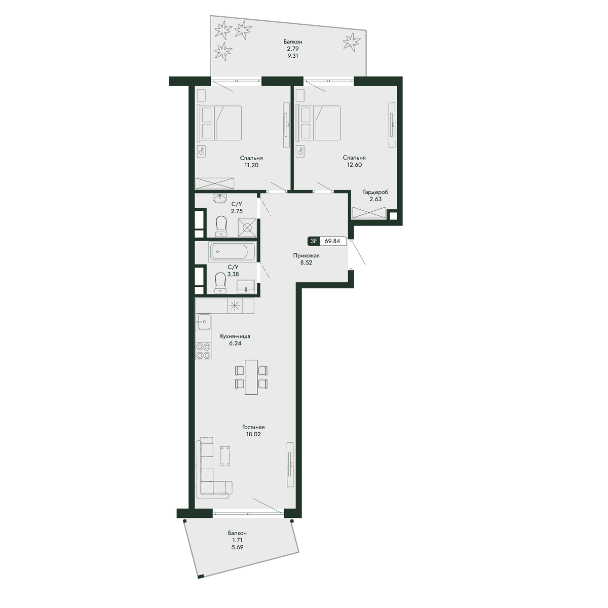3-к, 69.84 м² · Парковая Резиденция
