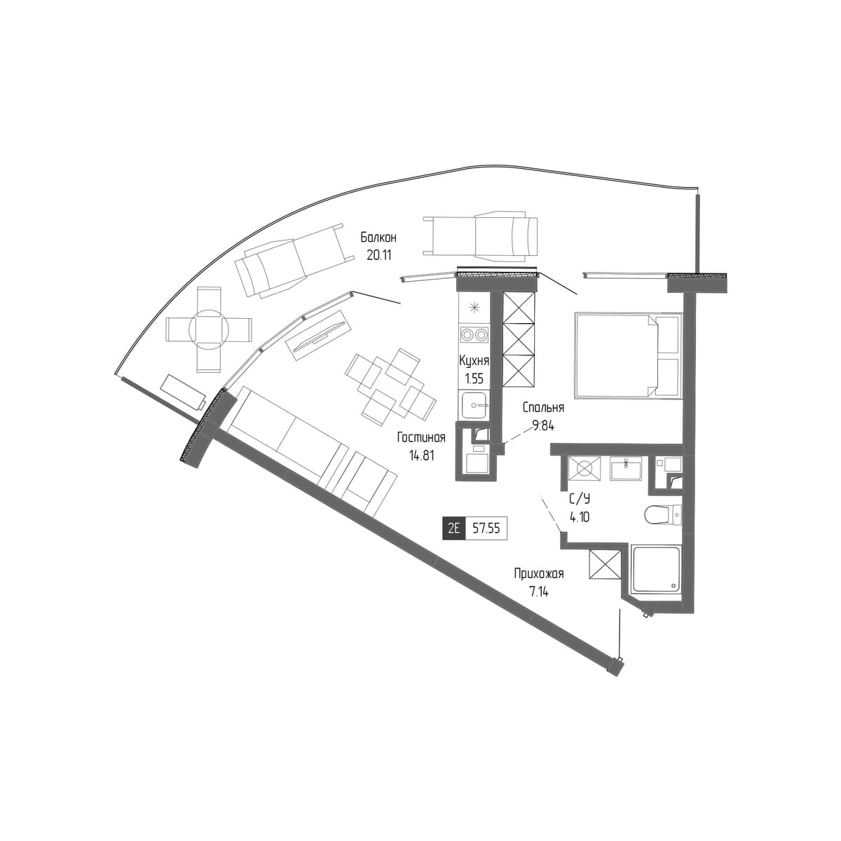 2-к, 57.55 м² · Крымская Резиденция