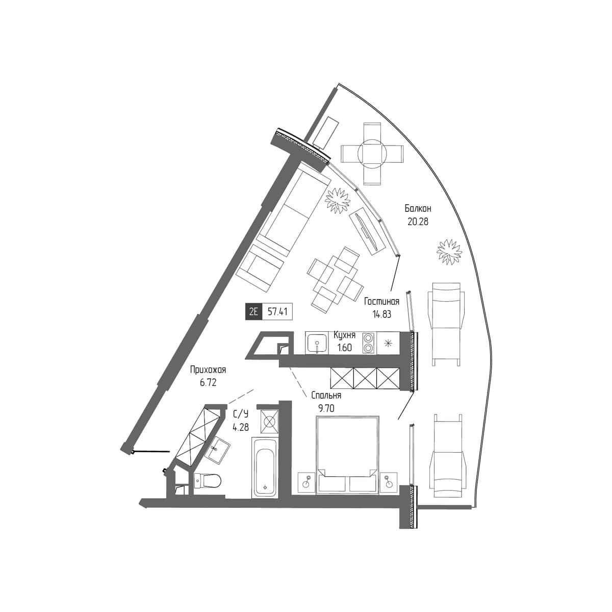2-к, 57.41 м² · Крымская Резиденция