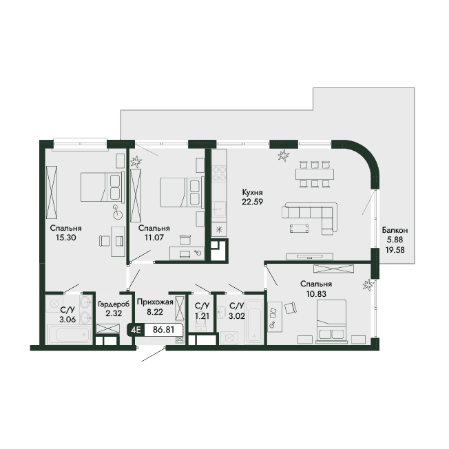 4-к, 86.81 м² · Парковая Резиденция