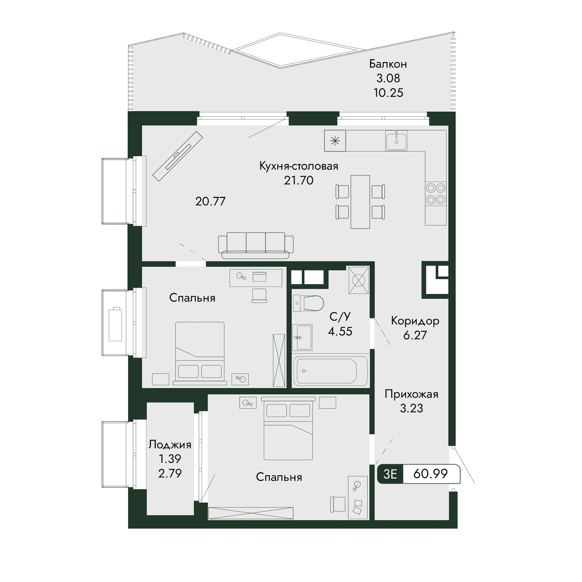 3-к, 60.99 м² · Парковая Резиденция