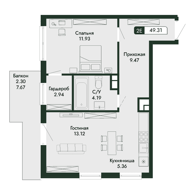 2-к, 49.31 м² · Парковая Резиденция