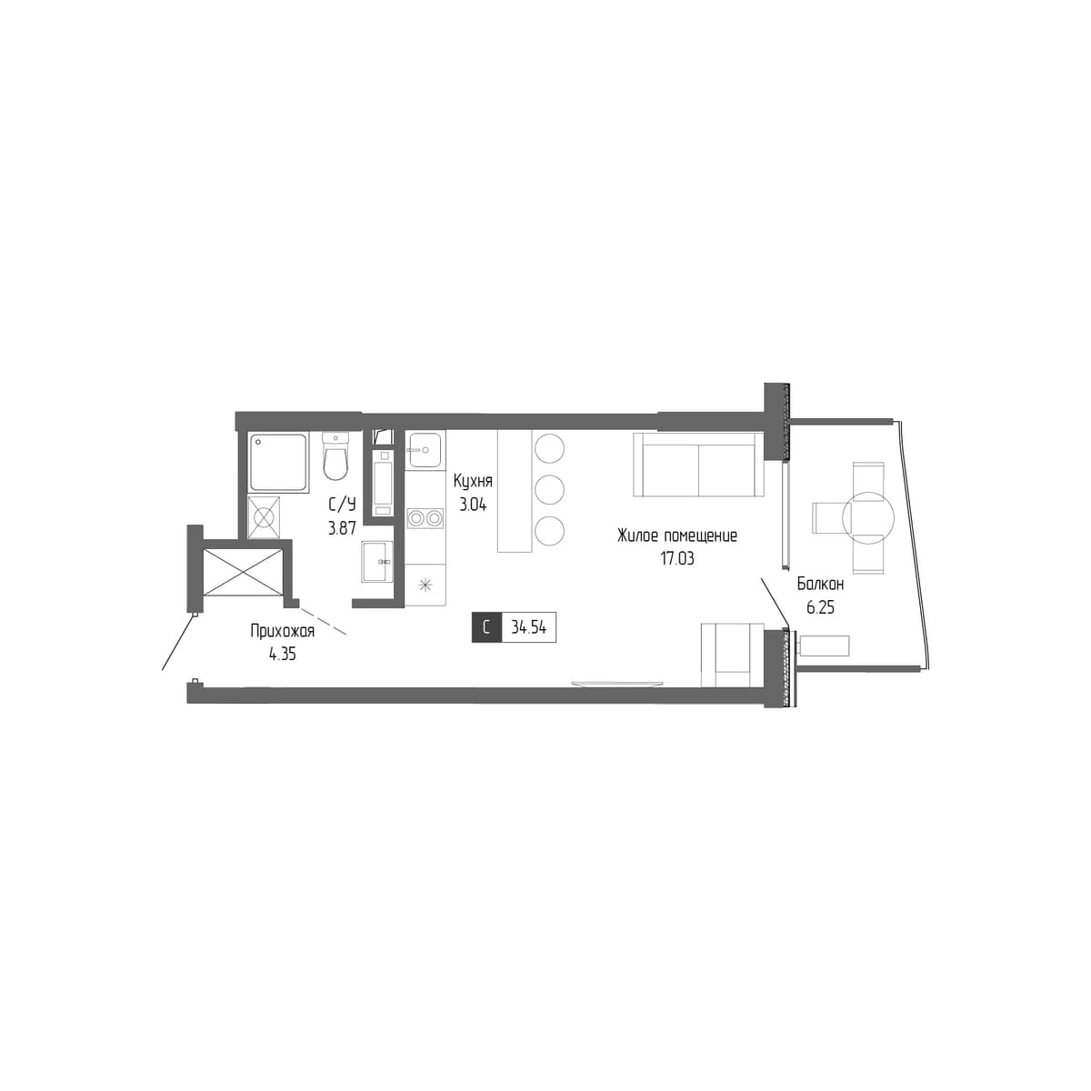 1-к, 34.54 м² · Крымская Резиденция