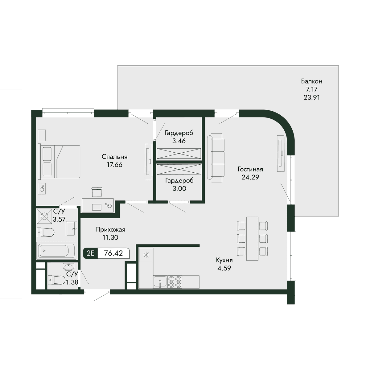 2-к, 76.42 м² · Парковая Резиденция