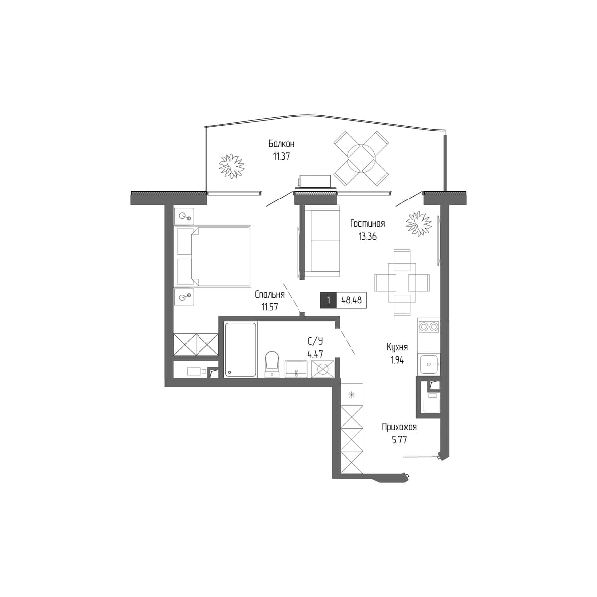 2-к, 48.48 м² · Крымская Резиденция
