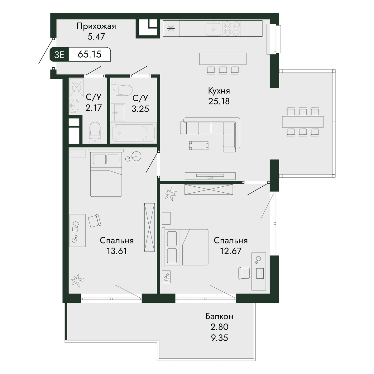 3-к, 65.15 м² · Парковая Резиденция